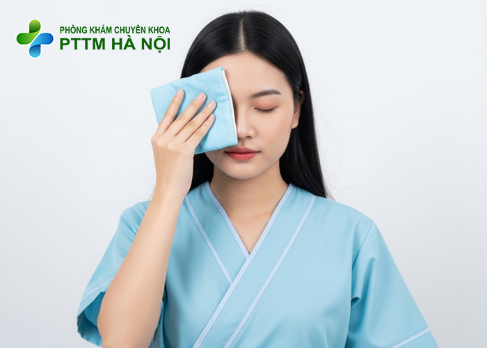 Khách hàng chườm lạnh sau cắt mí để giảm sưng