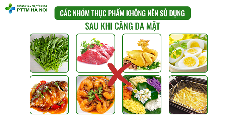 Bảng tổng hợp các nhóm thực phẩm không nên sử dụng sau khi phẫu thuật căng da mặt, bao gồm rau muống, thịt bò, gà, trứng, hải sản, và đồ nếp, với dấu X đỏ đánh dấu sự hạn chế.